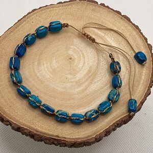 Blue and Gold Natural Beads Adjustable Bracelet